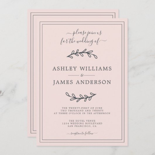 Élégant Faire-part de mariage rose Pastel (Devant / Derrière)