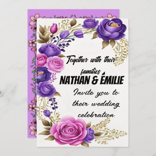 Élégant faire-part de mariage rose violet (Devant / Derrière)