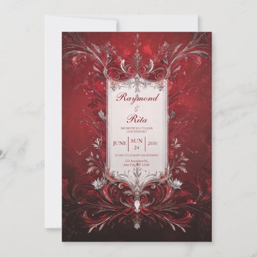 Élégant Faire-part de mariage rouge baroque (Devant)