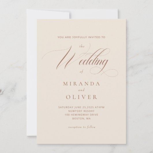 Élégant Faire-part de mariage Script Beige (Devant)
