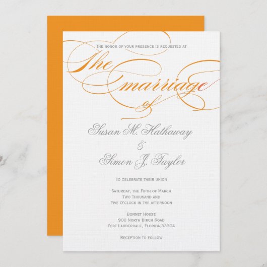 Élégant Faire-part de mariage Script - Orange (Devant / Derrière)