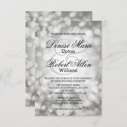 Élégant Faire-part de mariage Silver Bokeh (Devant / Derrière)
