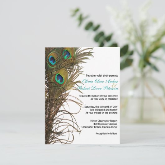 Élégant Faire-part de mariage simple Peacock Feath (Debout devant)