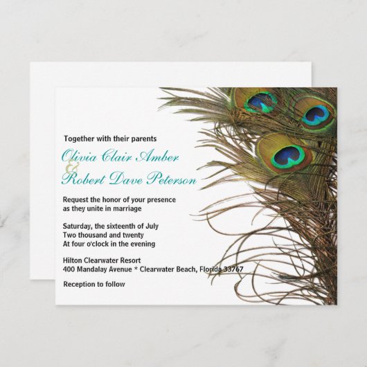 Élégant Faire-part de mariage simple Peacock Feath (Devant / Derrière)