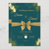 Elégant Faire-part de mariage vert & or avec Flore (Devant / Derrière)