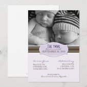 Élégant Faire-part de naissance jumeaux : Lavande (Devant / Derrière)