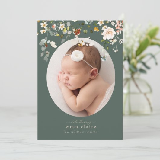 Élégant Faire-part de naissance photo ovale Fleur (Debout devant)