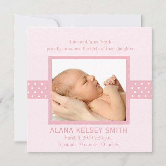 Élégant Faire-part de naissance Pointe Polka (rose (Devant)