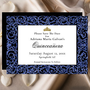 Élégant Faire-Part de Quinceanera Bleu à Motifs po