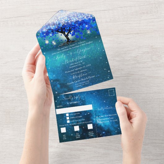 Elegant Fairy Lights Blue Heart Leaf Tree Weddensc All In One Uitnodiging (Afscheurbaar)