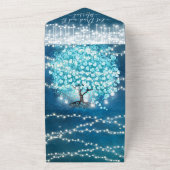 Elegant Fairy Lights Blue Heart Leaf Tree Weddensc All In One Uitnodiging (Buitenkant)