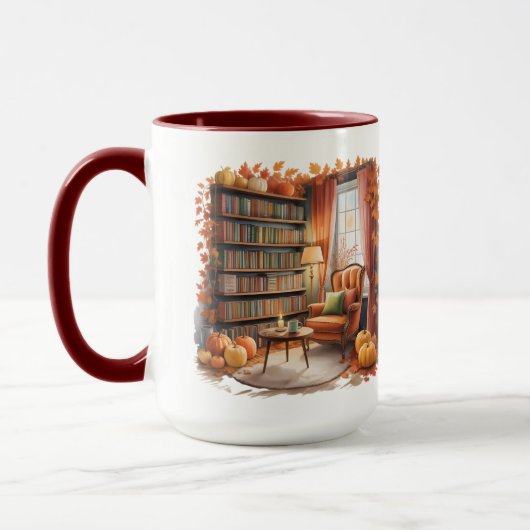 Elegant Fall Bookshelf Mug — Cozy Curtain (Gauche)