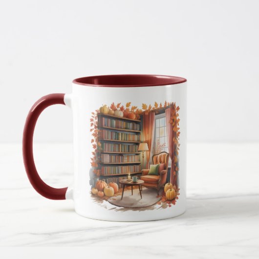 Elegant Fall Bookshelf Mug — Cozy Curtain (Gauche)