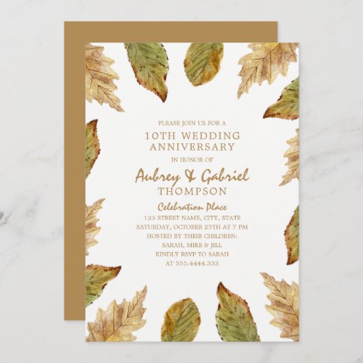 Elegant Fall Leaves 10th Wedding Jubileum Kaart (Voorkant / Achterkant)