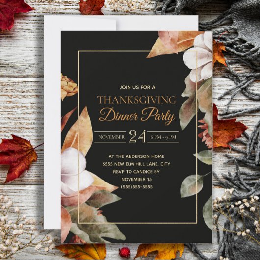 Elegant Fall Leaves Black Thanksgiving Dinner Kaart