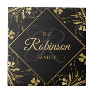 Elegant Familienaam Monogram Black en Gold Floral Tegeltje