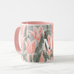 Elegant familienaam Monogram Peach Tulips Painting Mok