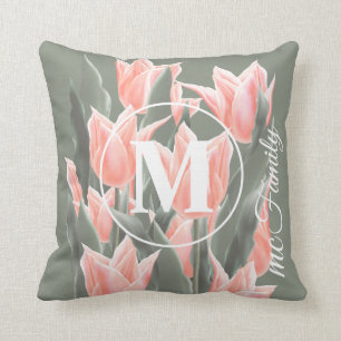 Elegant Family Name Monogram Peach Tulips Painting Kussen
