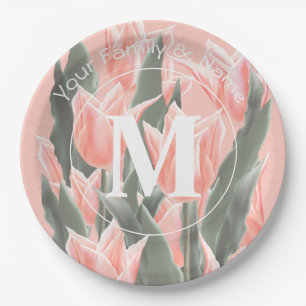 Elegant Family Name Monogram Peach Tulips Painting Papieren Bordje