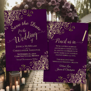 Elegant Fancy Goud Filigraan op Plum Paarse Bruilo Save The Date