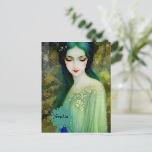 Elegant Fantasy Woman Portret in groen en blauw Briefkaart (Staand voorkant)