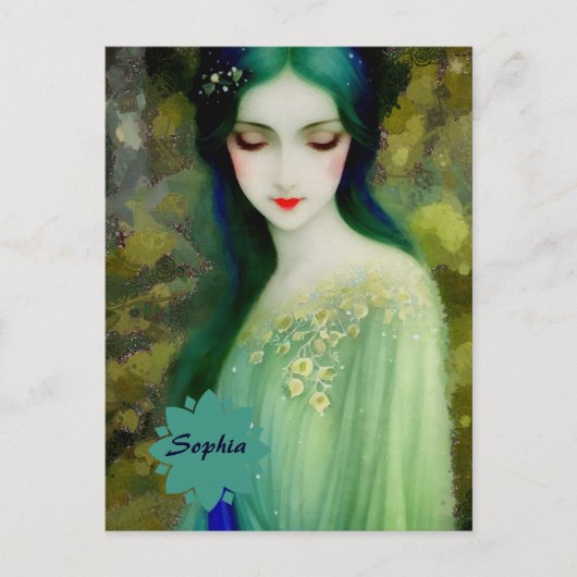 Elegant Fantasy Woman Portret in groen en blauw Briefkaart (Voorkant)