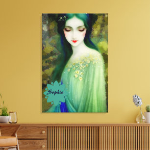 Elegant Fantasy Woman Portret in groen en blauw Canvas Afdruk