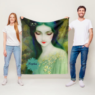 Elegant Fantasy Woman Portret in groen en blauw Fleece Deken