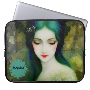 Elegant Fantasy Woman Portret in groen en blauw Laptop Sleeve