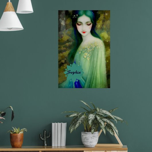 Elegant Fantasy Woman Portret in groen en blauw Poster (Woonkamer 1)