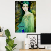 Elegant Fantasy Woman Portret in groen en blauw Poster (Thuiskantoor)