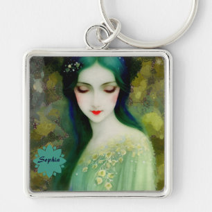 Elegant Fantasy Woman Portret in groen en blauw Sleutelhanger