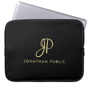 Elegant Faux Gold & Black Typografie Monogram Laptop Sleeve