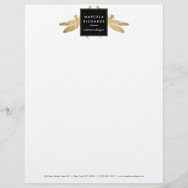 Elegant Faux Gold Dragonfly Duo Letterhead Custom Briefhoofd (Voorkant)