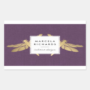 Elegant Faux Gold Dragonfly Duo op Paarse Linen Rechthoekige Sticker