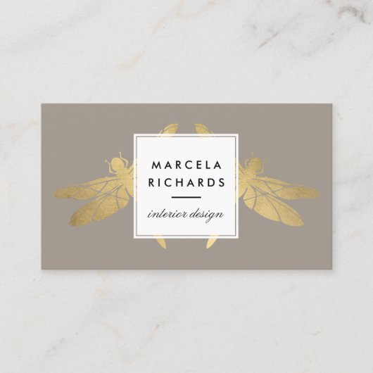 Elegant Faux Gold Dragonfly Duo op Taupe Visitekaartje (Voorkant)