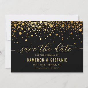 Elegant Faux Gold Foil Confetti Modern Black Save The Date
