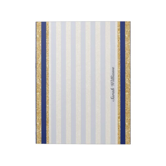 Elegant Faux Gold Glitter en Blue Stripe Pattern Notitieblok (Gedraaid)