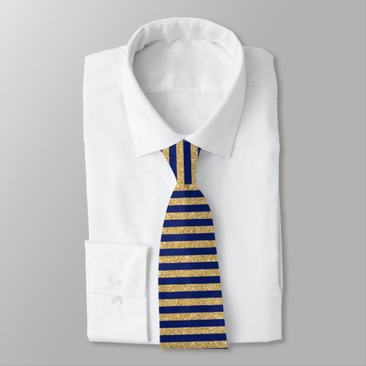 Elegant Faux Gold Glitter en Blue Stripe Pattern Stropdas (Gebonden)
