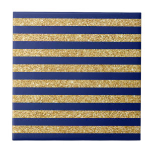 Elegant Faux Gold Glitter en Blue Stripe Pattern Tegeltje