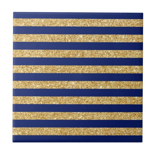 Elegant Faux Gold Glitter en Blue Stripe Pattern Tegeltje (Voorkant)