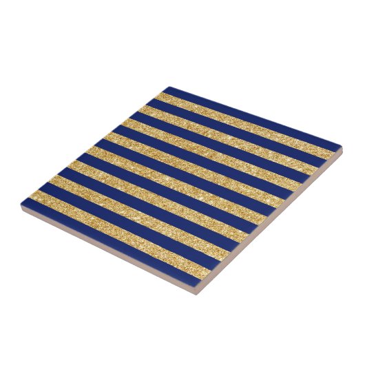 Elegant Faux Gold Glitter en Blue Stripe Pattern Tegeltje (Zijkant)