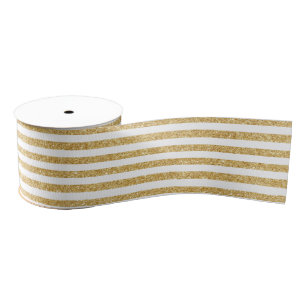 Elegant Faux Gold Glitter en White Stripe Pattern Grosgrain Lint