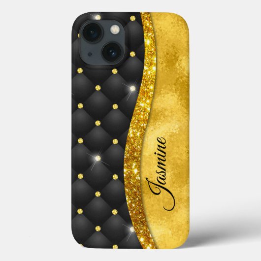 Elegant faux Gold glitter monogram zwarte diamant Case-Mate iPhone Case (Achterkant)