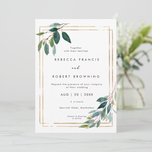 elegant faux gold & greenery bruiloft uitnodiging (Staand voorkant)