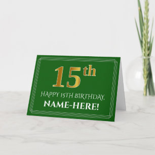Elegant Faux Gold Kijk 15th Birthday, naam (groen) Kaart