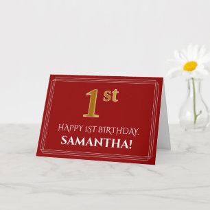 Elegant Faux Gold Kijk "1st" Birthday, naam (rood) Kaart