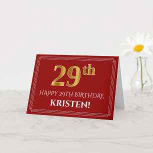 Elegant Faux Gold Kijk "29th" Birthday, naam (rood Kaart