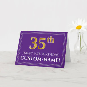 Elegant Faux Gold Kijk 35th Birthday, Name; Paars Kaart