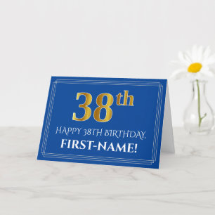 Elegant Faux Gold Kijk 38th Birthday, naam (blauw) Kaart